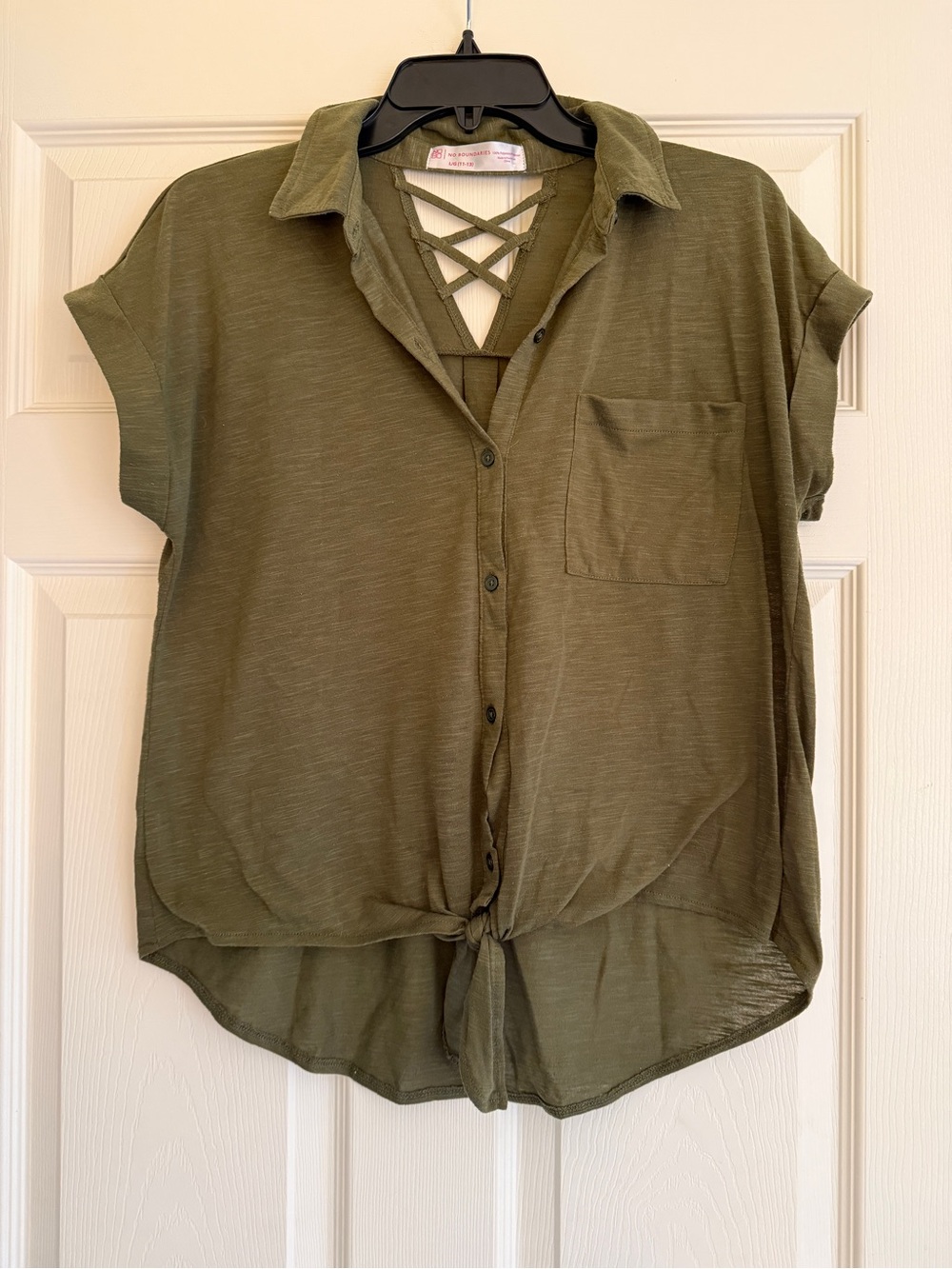 No Boundaries Olive Green Button-Front Tie Hem Top